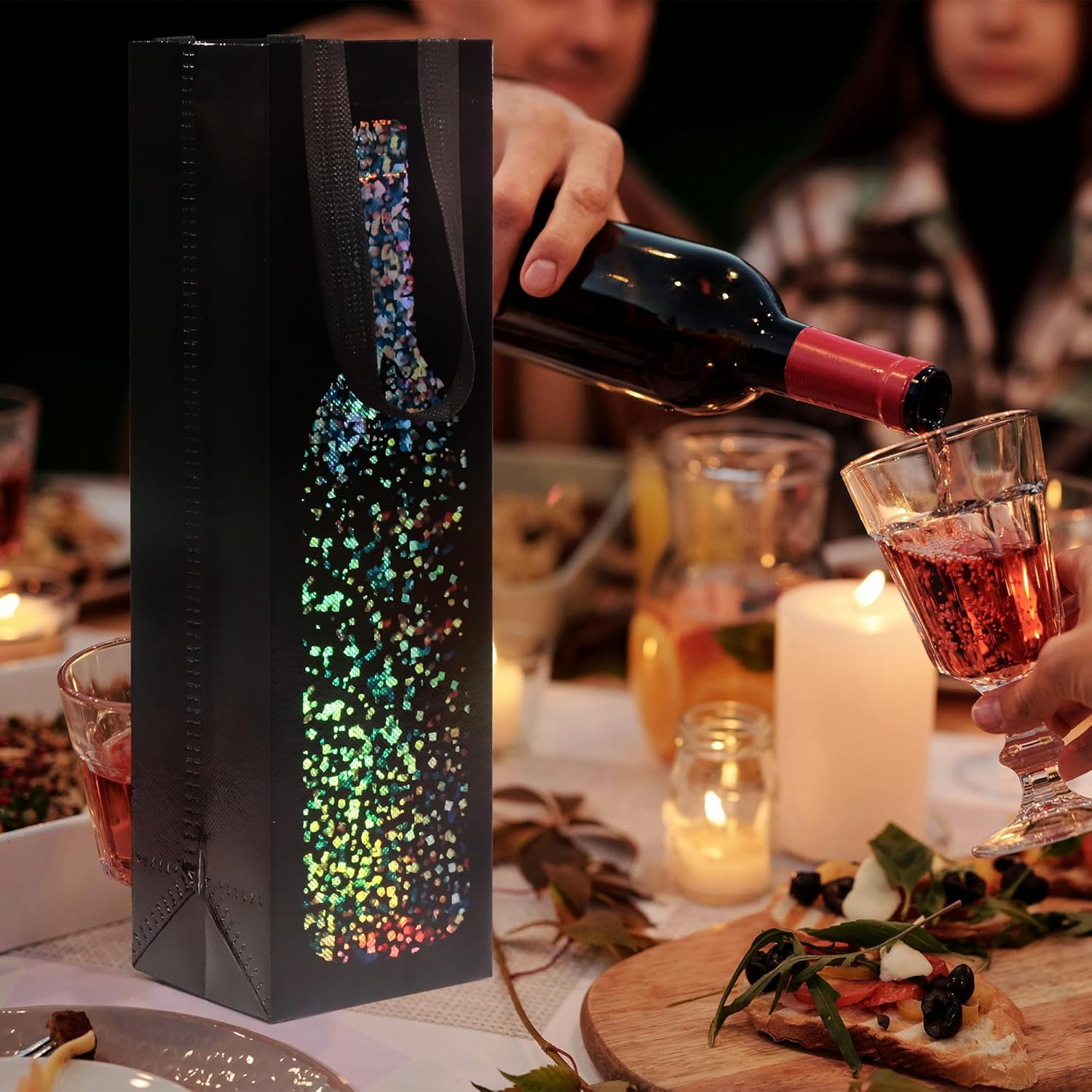 [24 Pack] Black Wine Gift Bags – Premium Kraft Paper Bottle Bags with Colorful Foil Sparkle Design, Sturdy Handles for Wine, Champagne & Liquor Bottles, Size 3.5" W x 3.9" D x 13.6" H