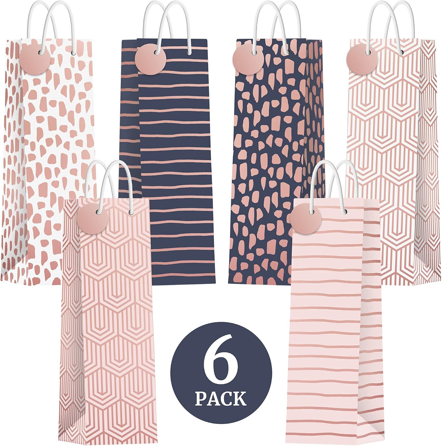 [Set of 6] Geometric Pattern Wine Gift Bags – Sturdy Paper Bottle Bags with Rope Handles & Gift Tags, Perfect for Wine, Champagne & Liquor, Size 3.8" W x 4" D x 13" H