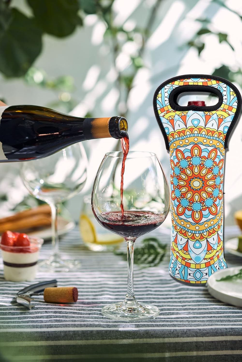 [3 Pack] Neoprene Wine Tote Bags – Colorful Geometric Print Reusable Bottle Carriers, Shockproof & Insulated, Fits Wine, Champagne & Liquor Bottles, Size 4.7" W x 15" H