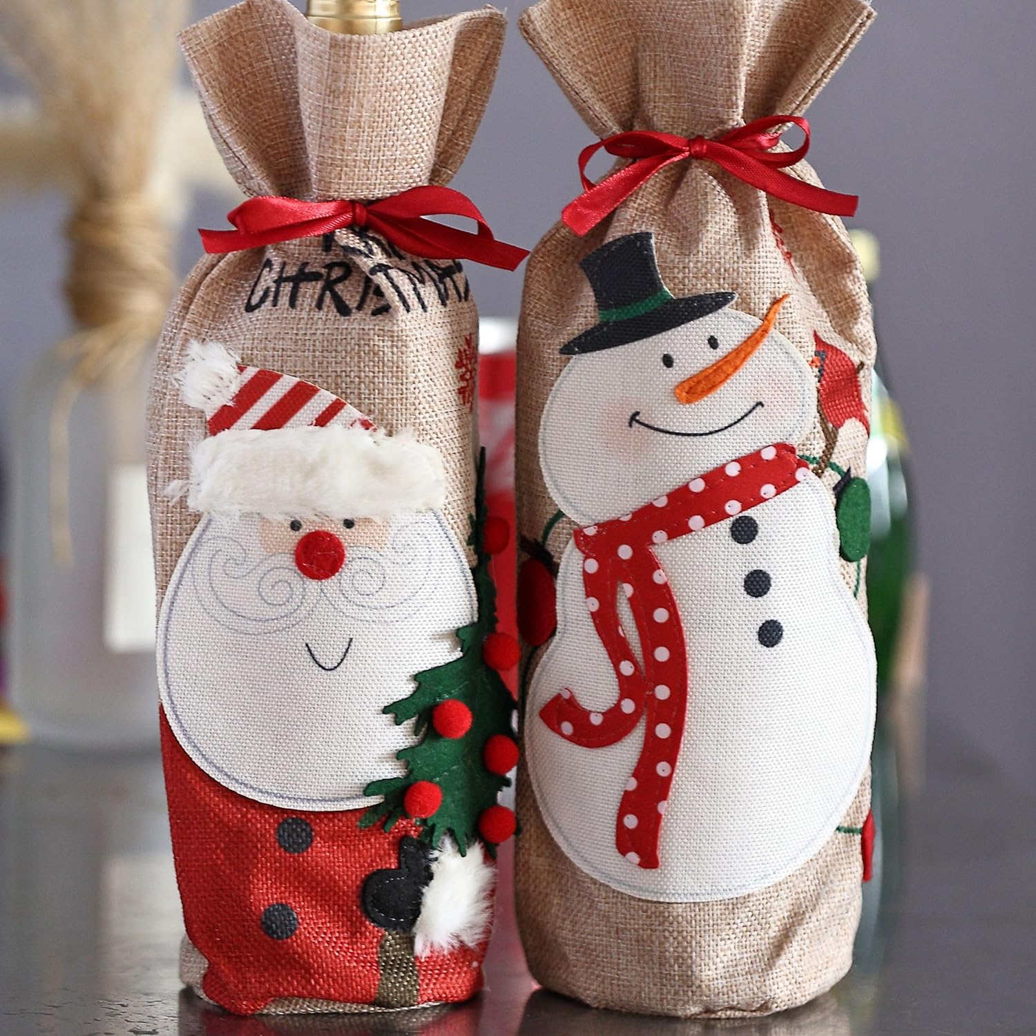[4 Pack] Christmas Burlap Wine Bottle Bags – Santa Claus & Snowman Gift Bags, 13x5.5 inch Reusable Eco-Friendly Holiday Wine/Champagne Bags