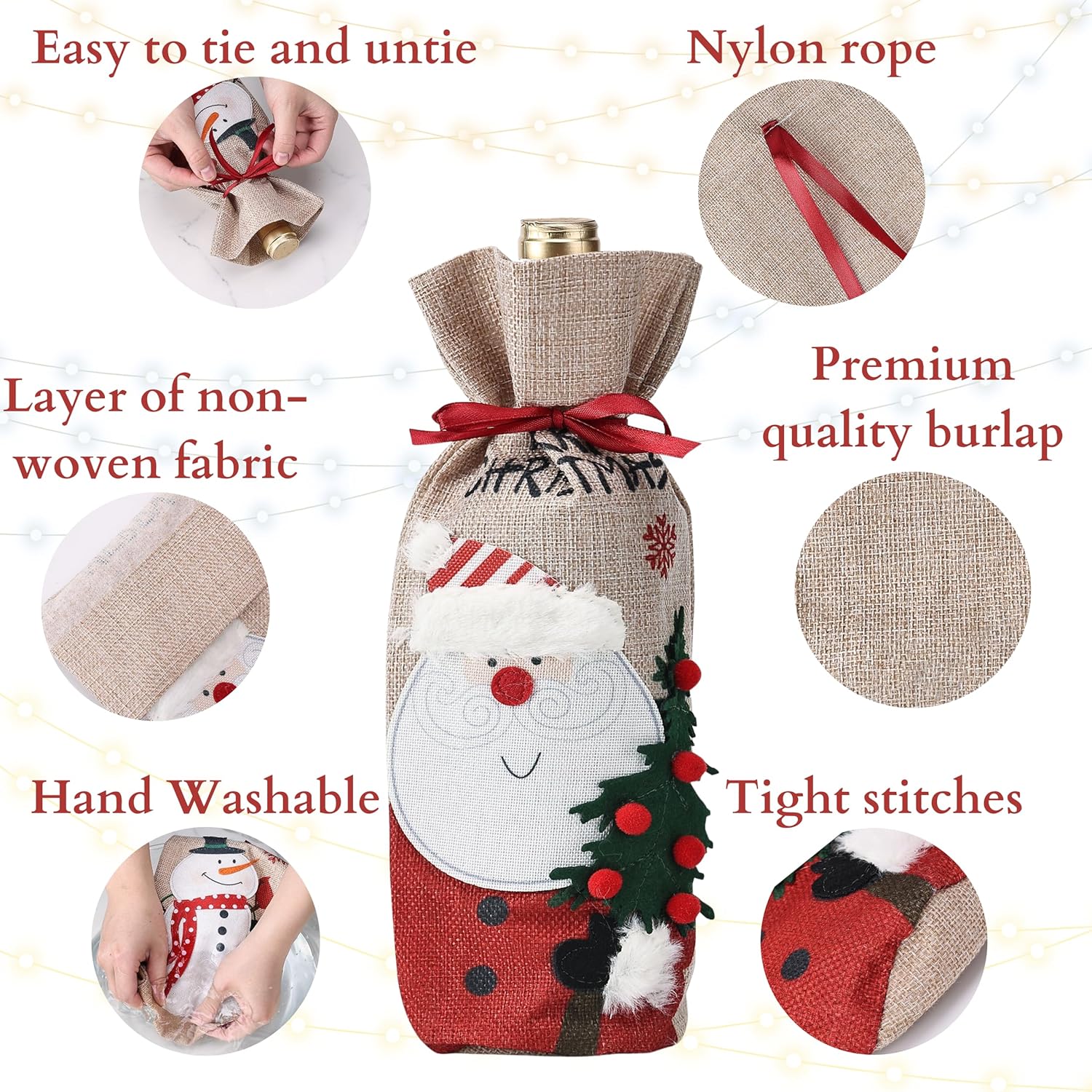 [4 Pack] Christmas Burlap Wine Bottle Bags – Santa Claus & Snowman Gift Bags, 13x5.5 inch Reusable Eco-Friendly Holiday Wine/Champagne Bags