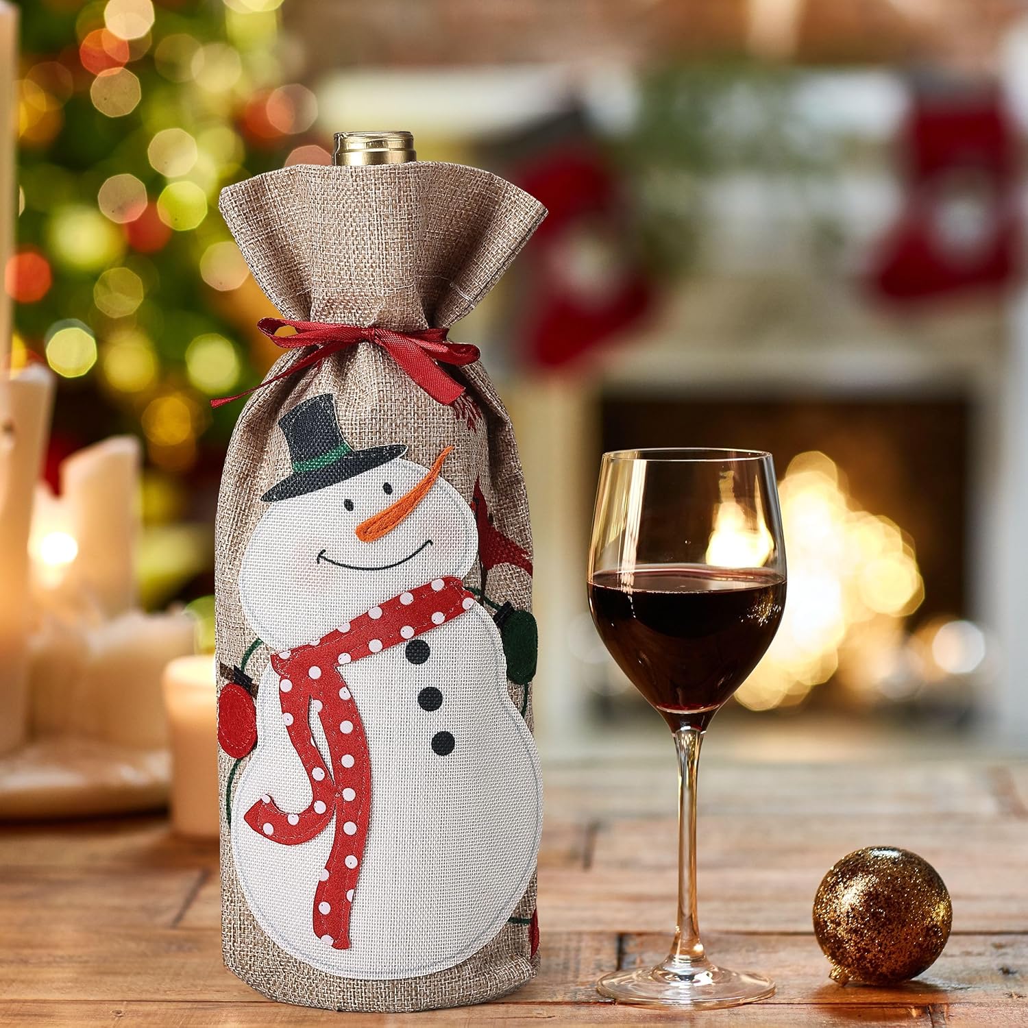 [4 Pack] Christmas Burlap Wine Bottle Bags – Santa Claus & Snowman Gift Bags, 13x5.5 inch Reusable Eco-Friendly Holiday Wine/Champagne Bags