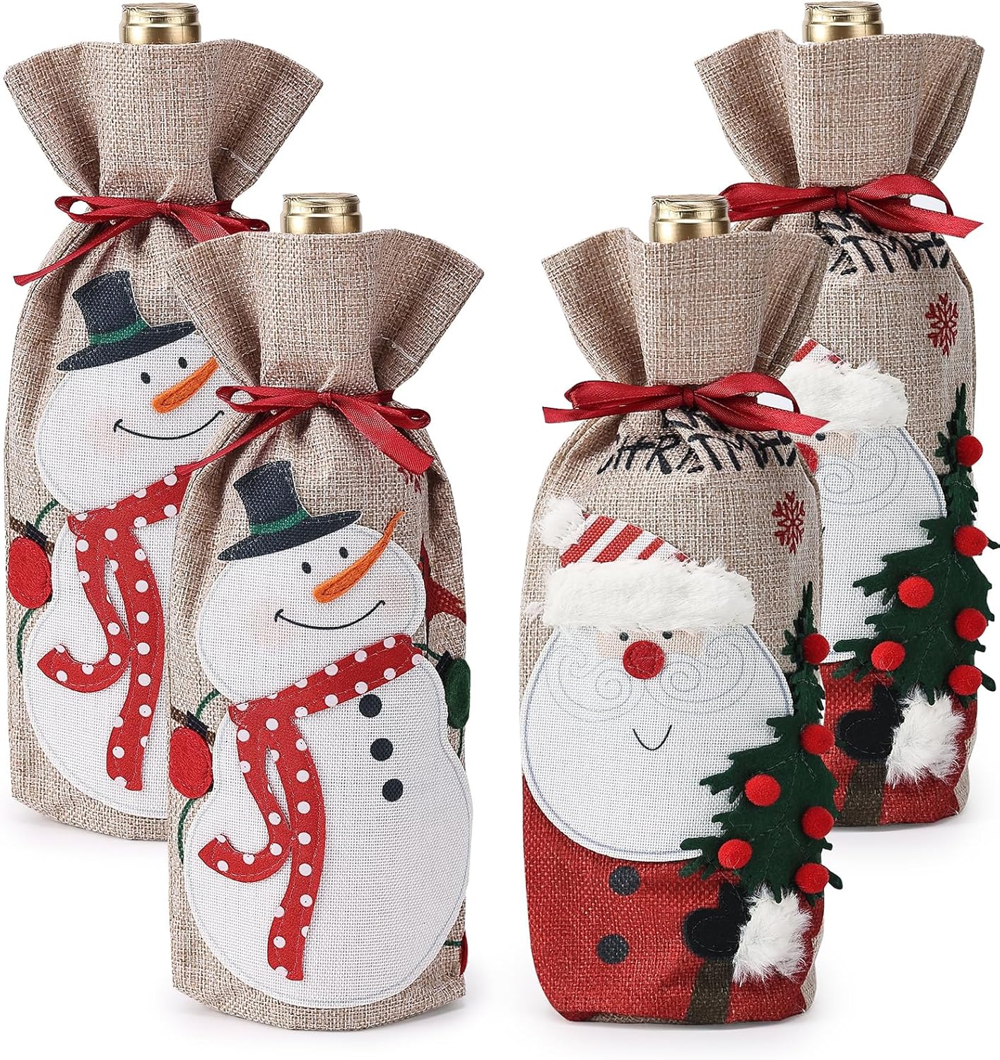 [4 Pack] Christmas Burlap Wine Bottle Bags – Santa Claus & Snowman Gift Bags, 13x5.5 inch Reusable Eco-Friendly Holiday Wine/Champagne Bags