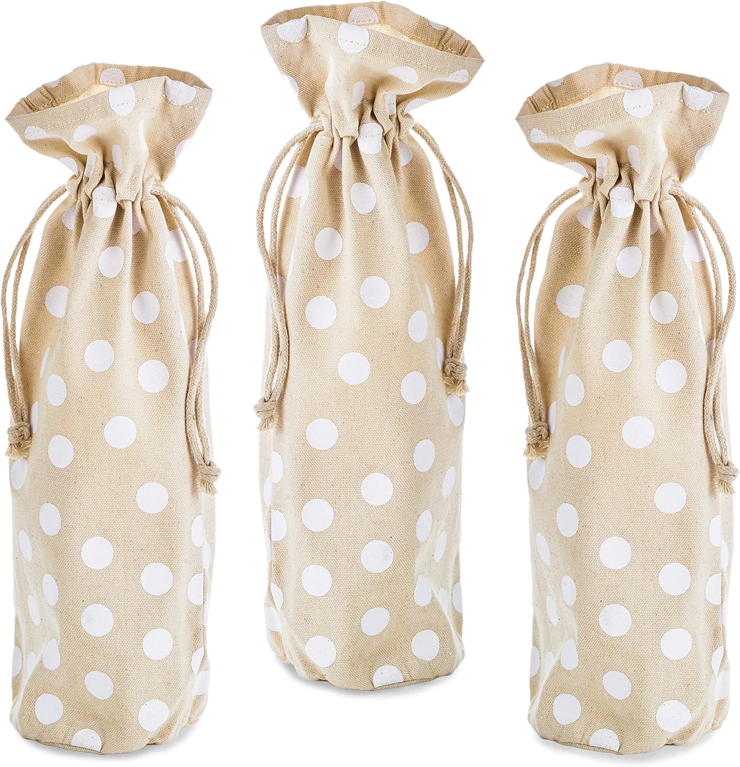 [3 Pack] Fabric Drawstring Wine Bottle Bags – Reusable Canvas Gift Bags with White Polka Dots, Eco-Friendly Pouch for Wine, Champagne & Spirits, Size 13.7" H x 3.2" Diameter