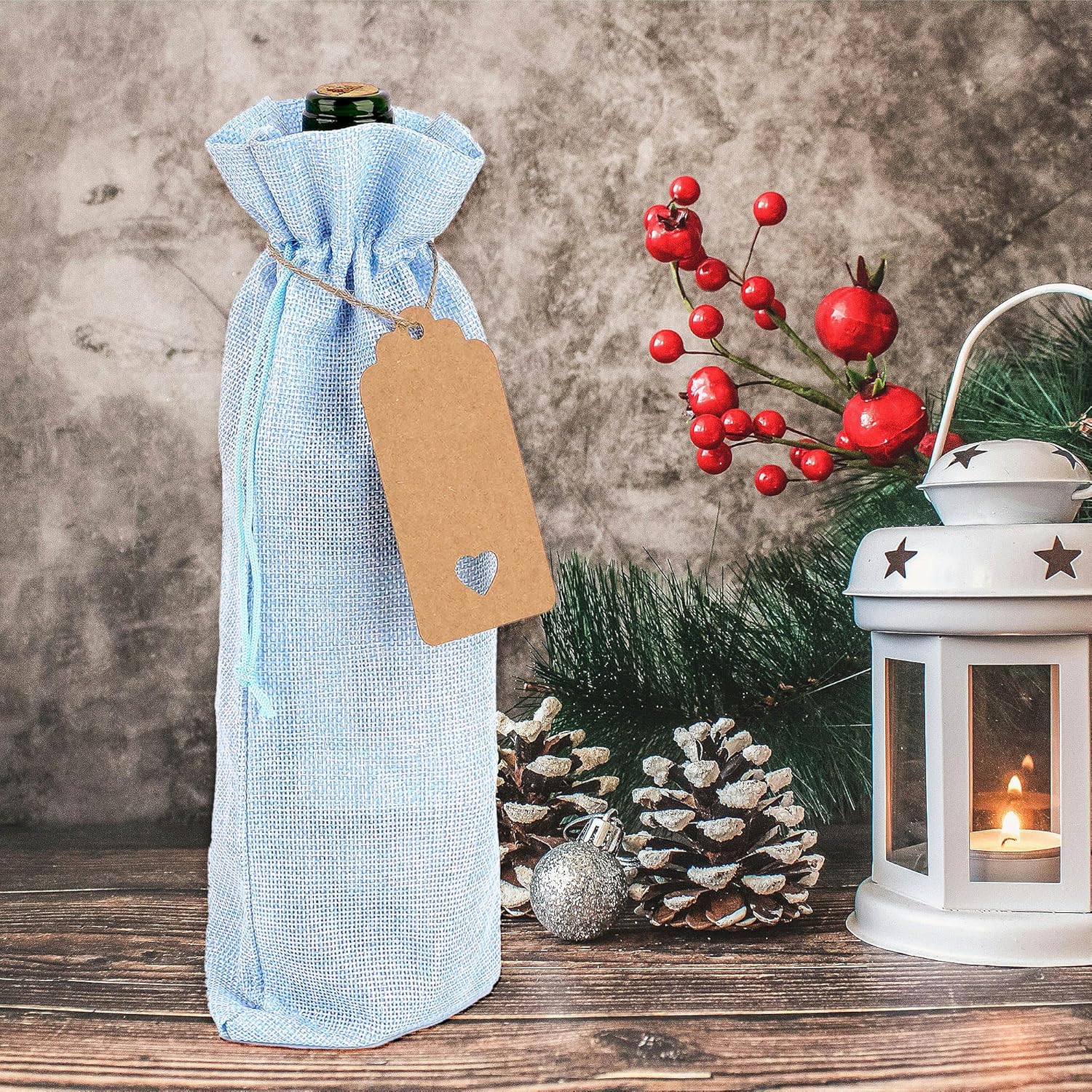 [Wine Gift Bag Set] 13.5x5.9 inch Burlap Drawstring Wine Bags with 10m Jute Twine & Kraft Tags – Eco-Friendly Rustic Bottle Bags for Wine, Champagne & Holiday Gifting